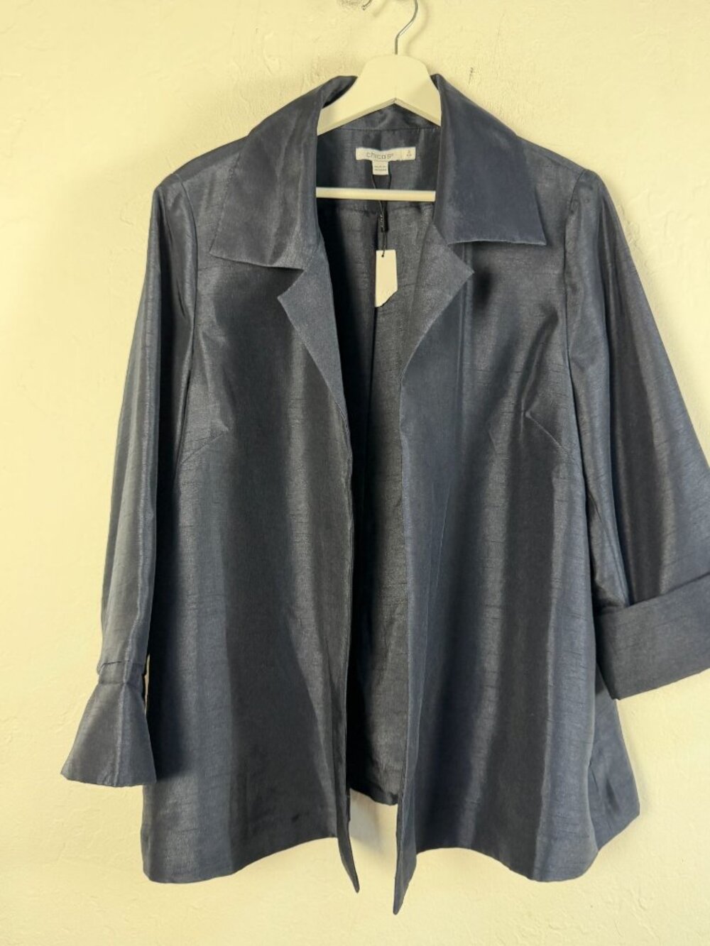 Chico's Jacket Women's Size 2 L Metallic Blue Open Front Bell Sleeve Blazer New